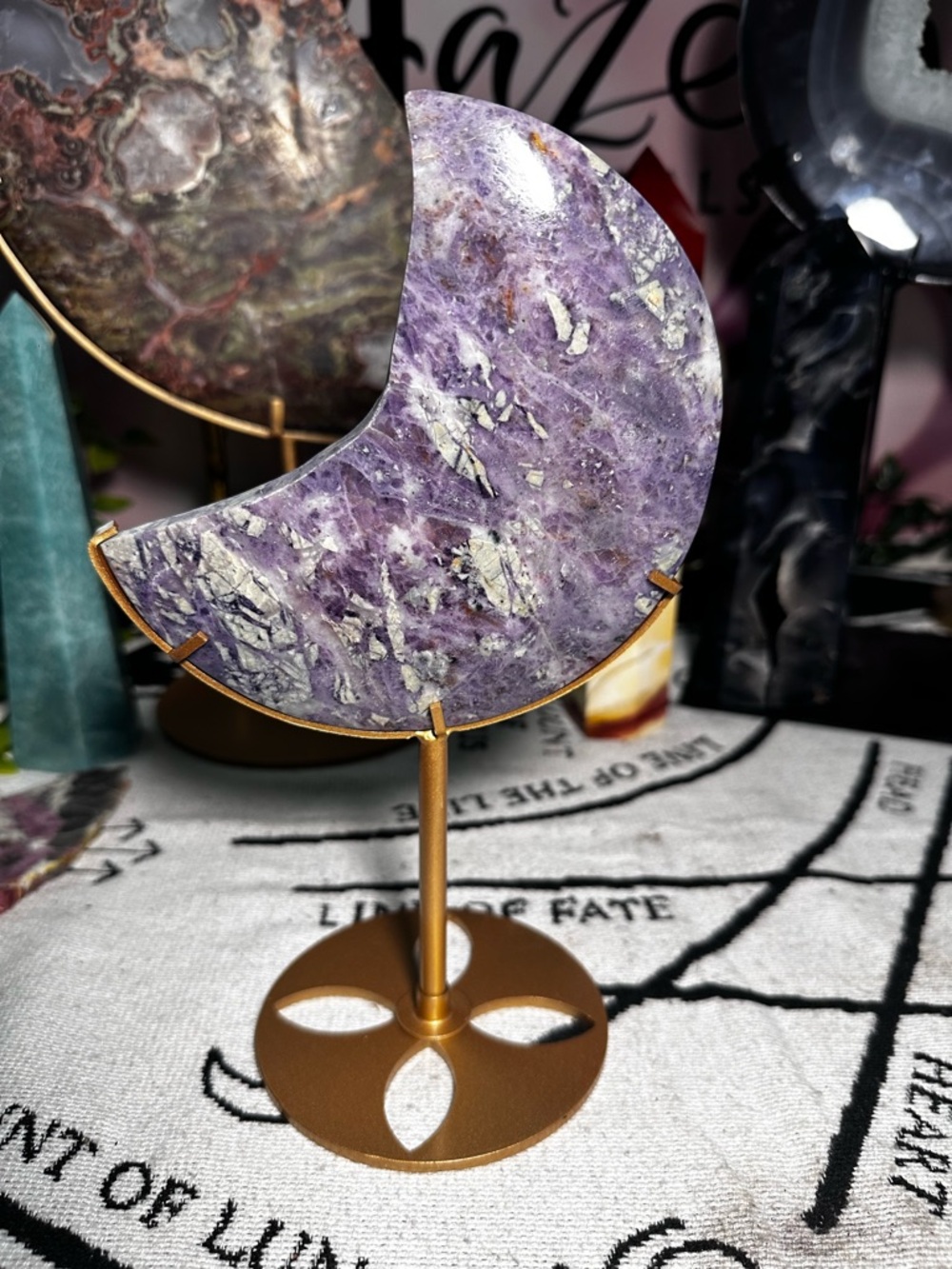 Root Fluorite Moon with Gold Stand